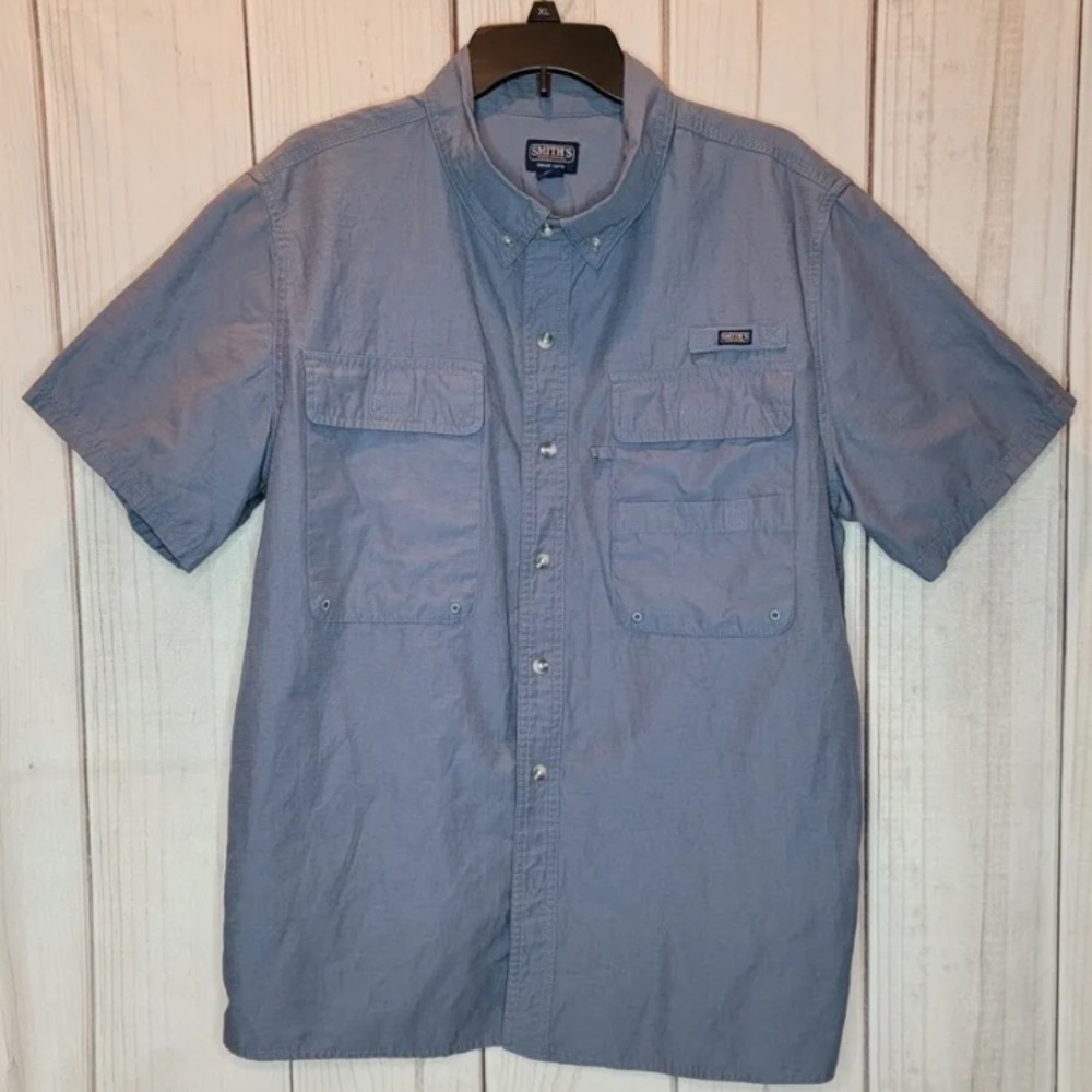 Smith's Workwear Short Sleeve Button Down Vented Fishing Shirt Blue Men's Large